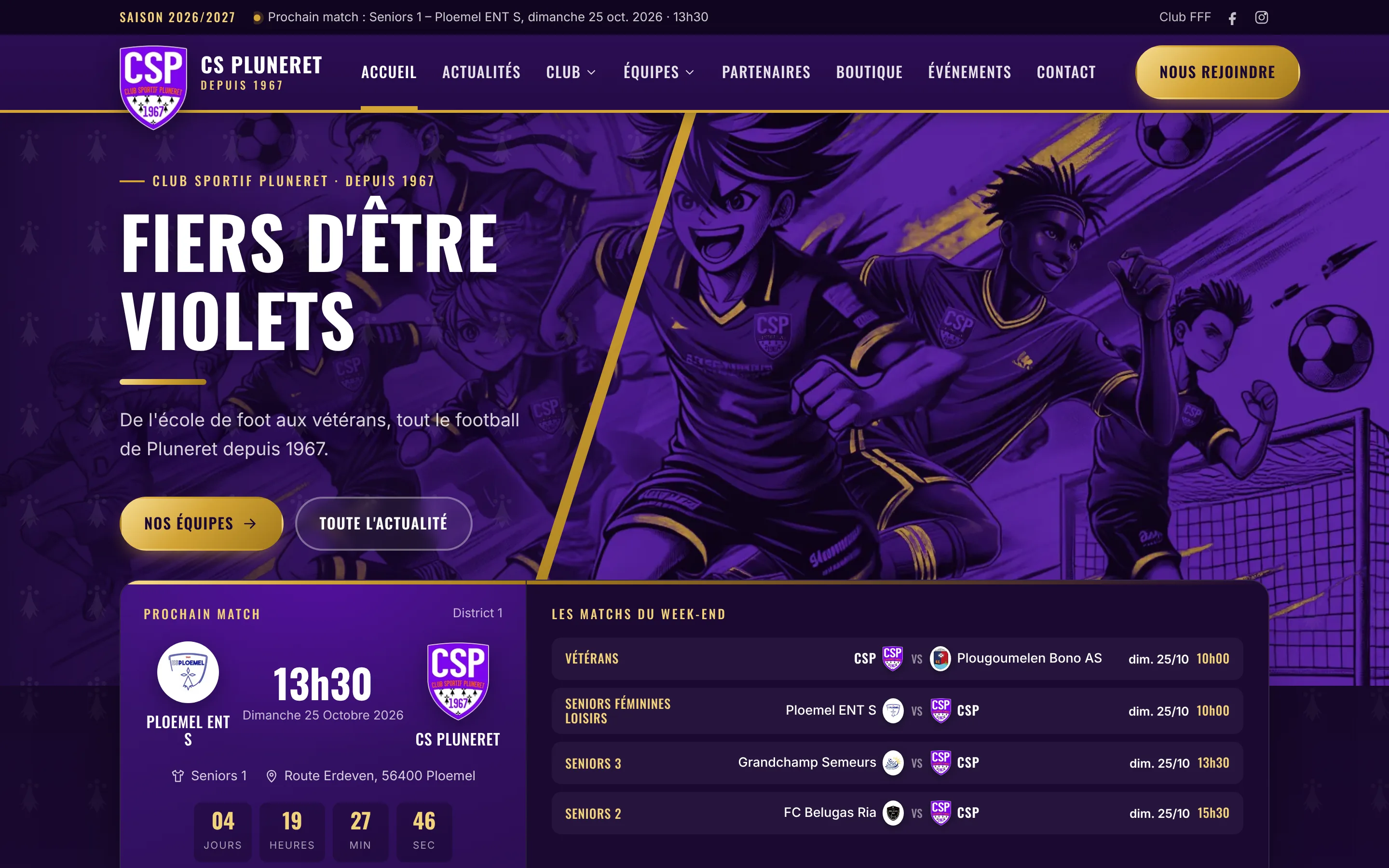 Exemple réel : cspluneret.fr, le site du CS Pluneret (Morbihan), 18 équipes en ligne.